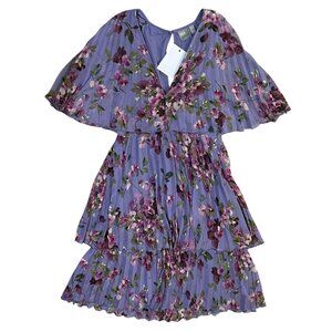 New ASOS Pleated Chiffon Tiered Dress Purple Floral Flutter Sleeve Size 2